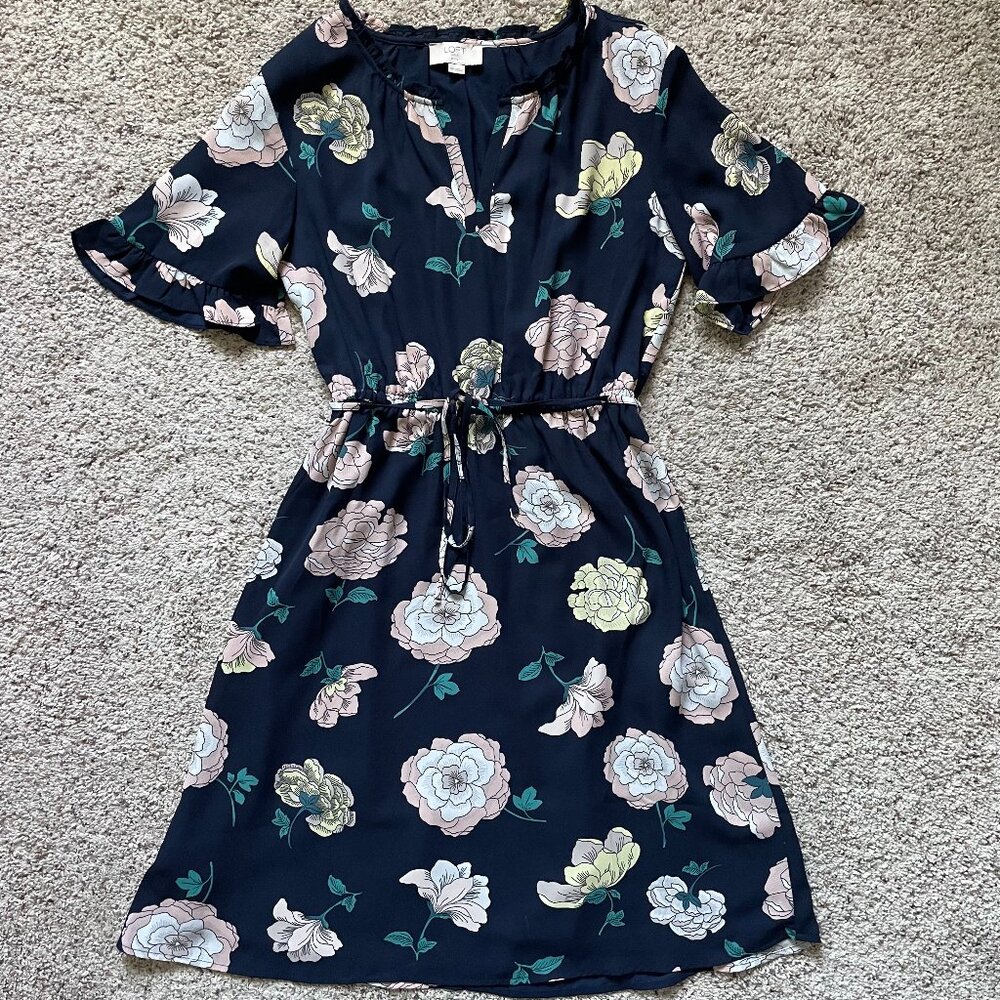 - Loft - Navy Blue A-Line Midi Dress with Light Pink & Yellow Flowers